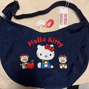 NWT BAGGU Hello Kitty & Teddy Medium Nylon Crescent Bag AND Sanrio HK bag charm